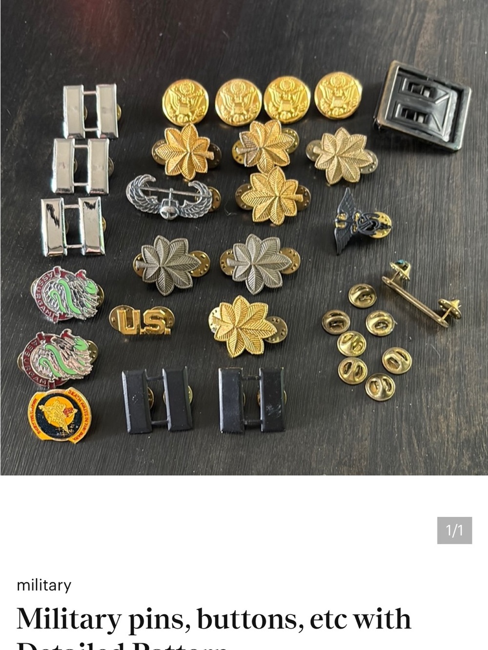 Assorted Military-Style Cuff Links and Pins — Gold and Silver Tones